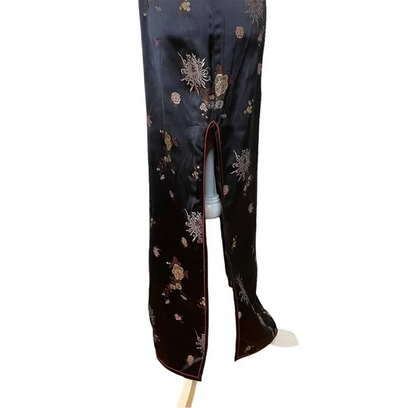 Vintage 90s SOLZ Squirrel Black Floral Satin Cheongsam Maxi Dress Size 34 Small